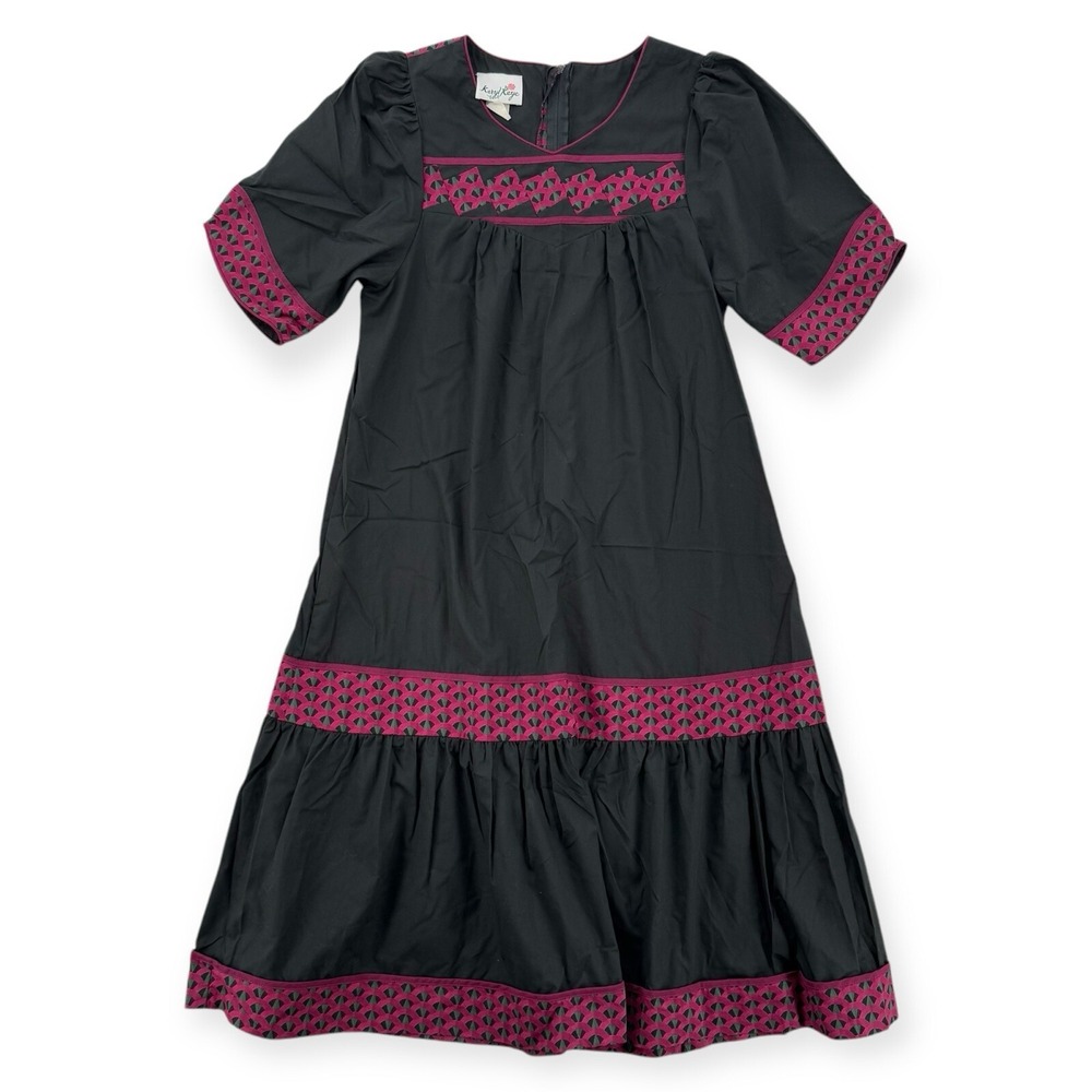 Vintage Karyl Kaye Muumuu Dress Womens Small Hawaiian‎ Black Deco Knee Midi